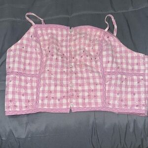 American Eagle Women's Square Neck Button Up Cami Gingham Cropped Top.